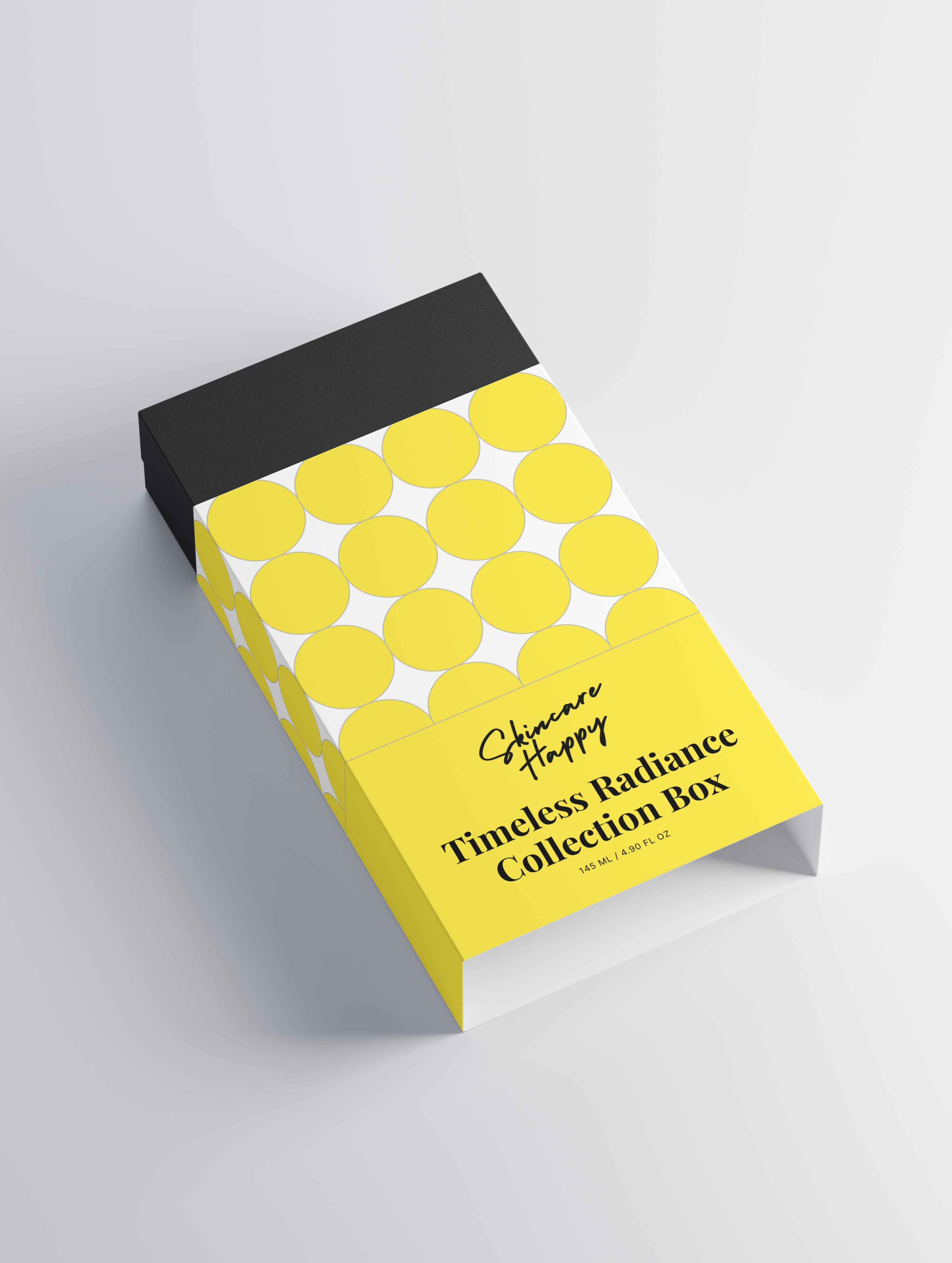 Yellow box with black lid featuring 'Timeless Radiance Collection Box' on a light gray background