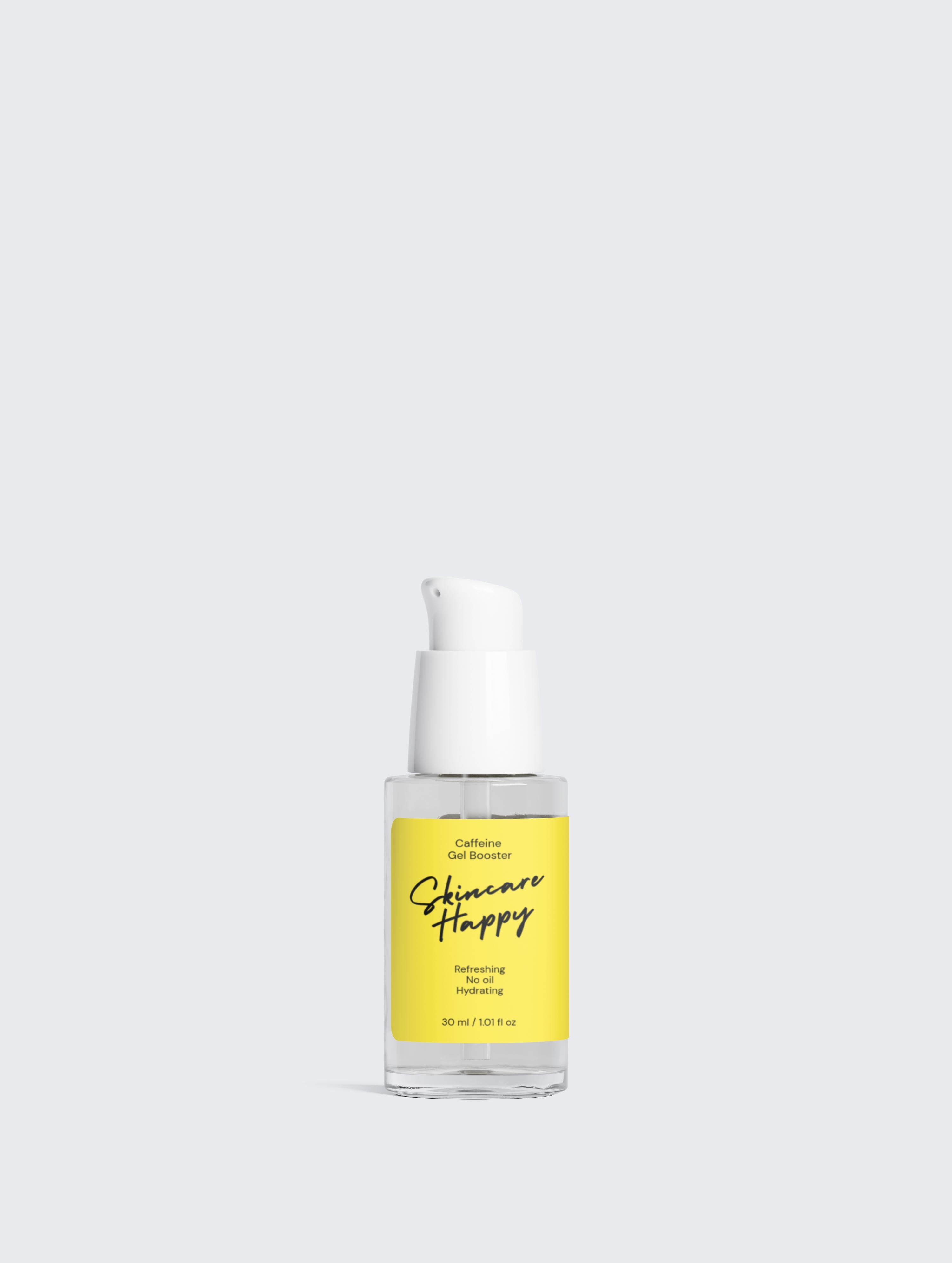 Skincare Happy serum bottle with yellow label on a light gray background