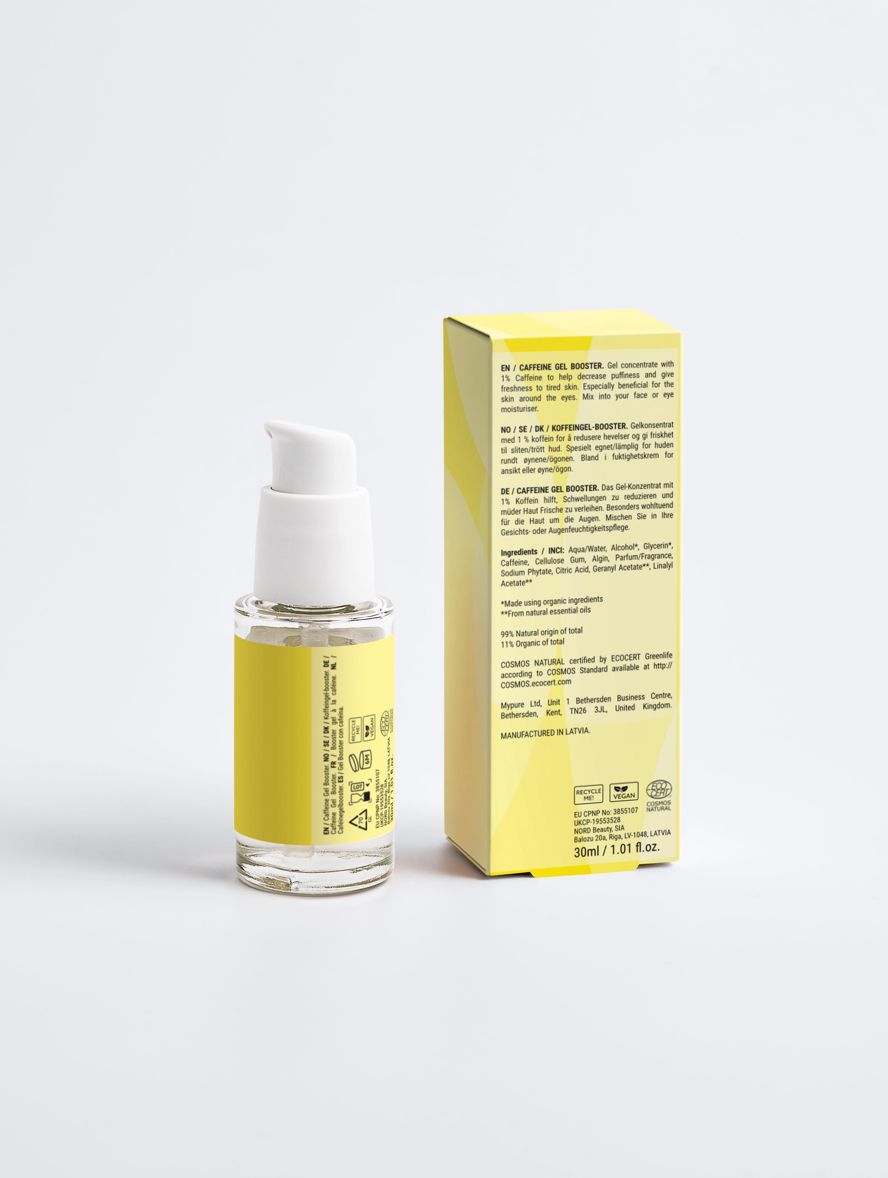 Skincare bottle with yellow label and packaging on a white background