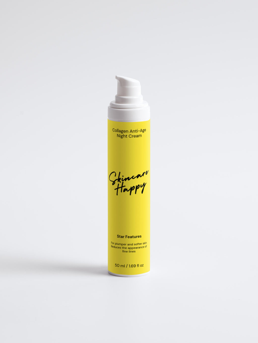 Yellow skincare cream bottle with white cap on a light gray background