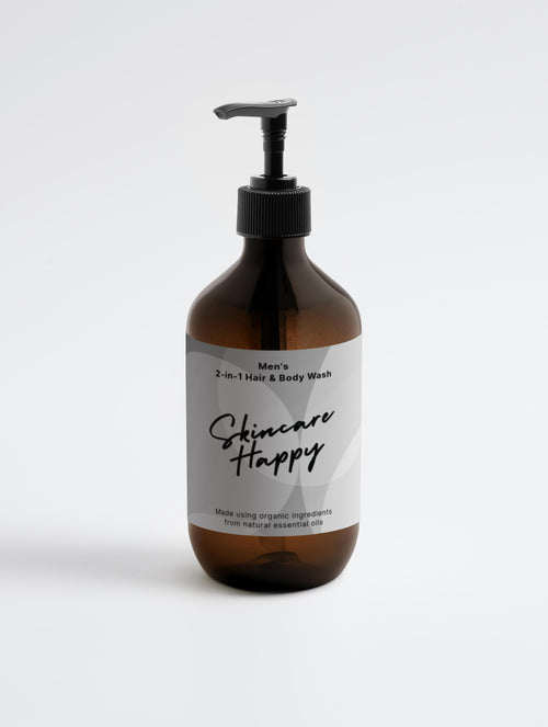Brown bottle of Men's 2-in-1 Hair & Body Wash with a pump, labeled 'Skincare Happy' on a white background.