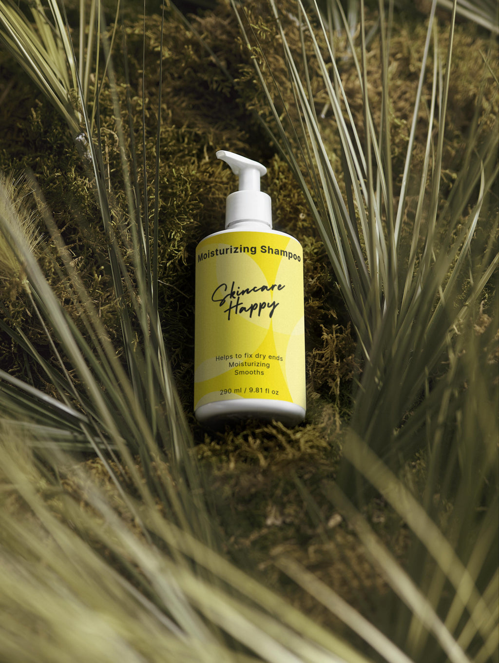 Shampoo bottle with yellow label on a natural background