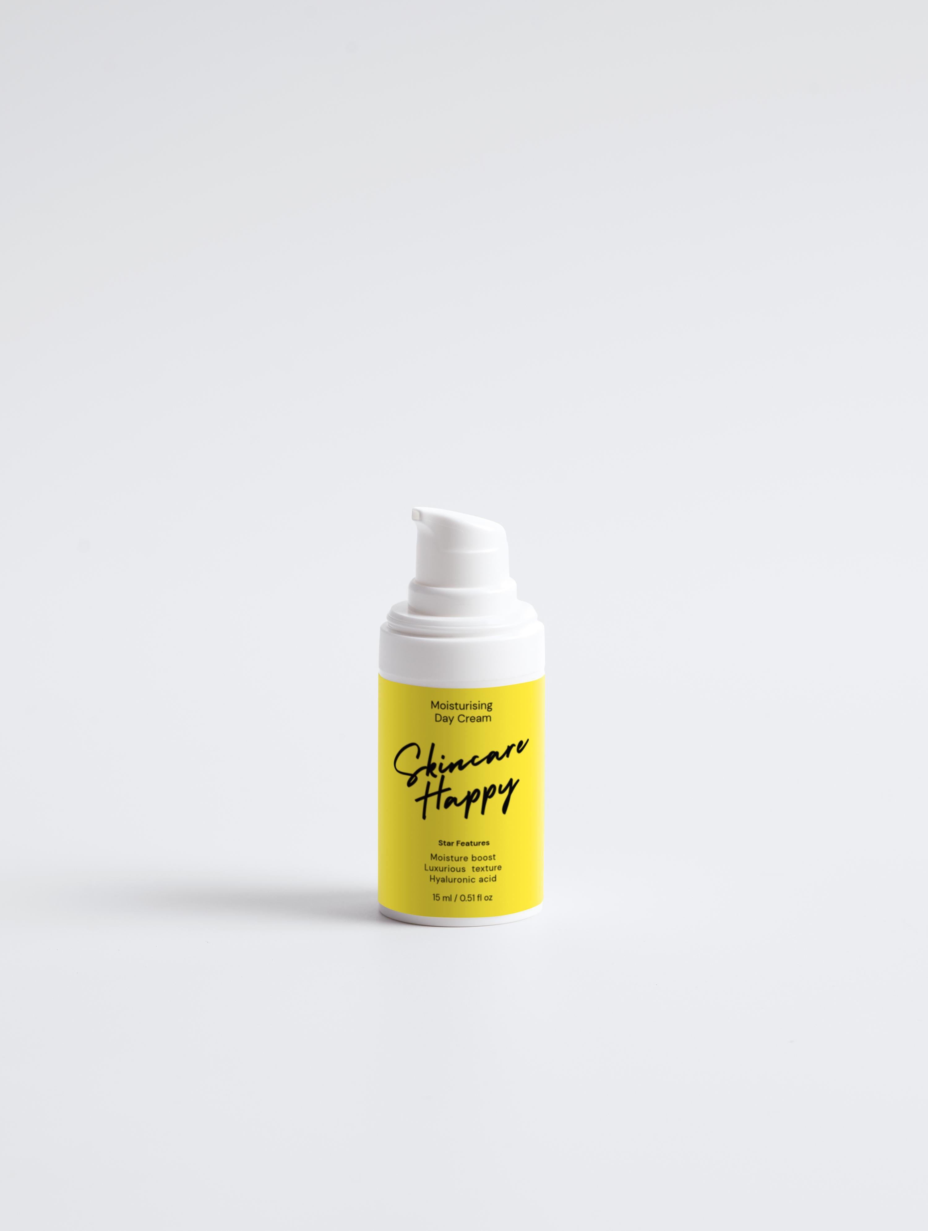 Skincare Happy product bottle with yellow label on a white background