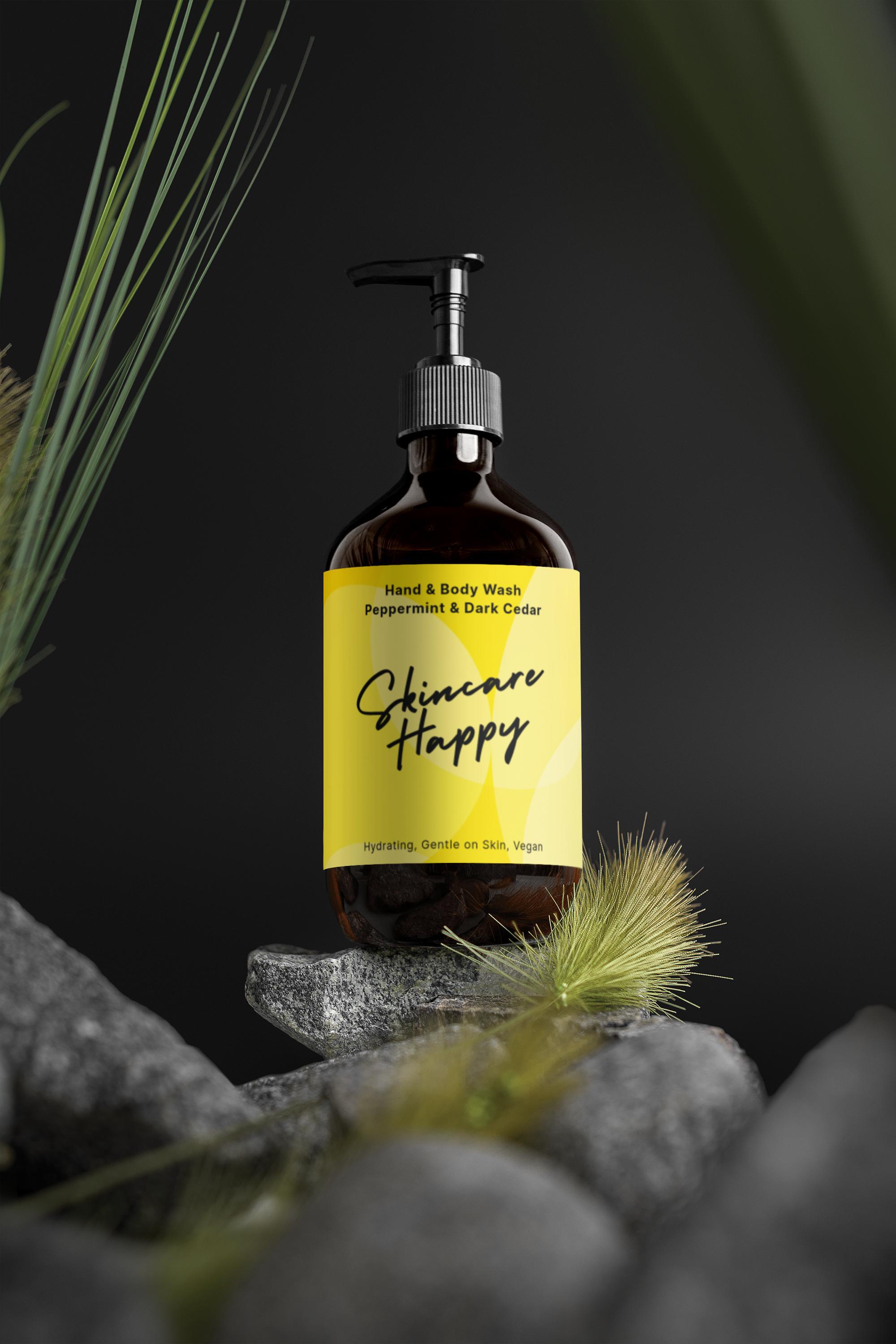 Bottle of skincare product labeled 'Skincare Happy' on a dark background with greenery.