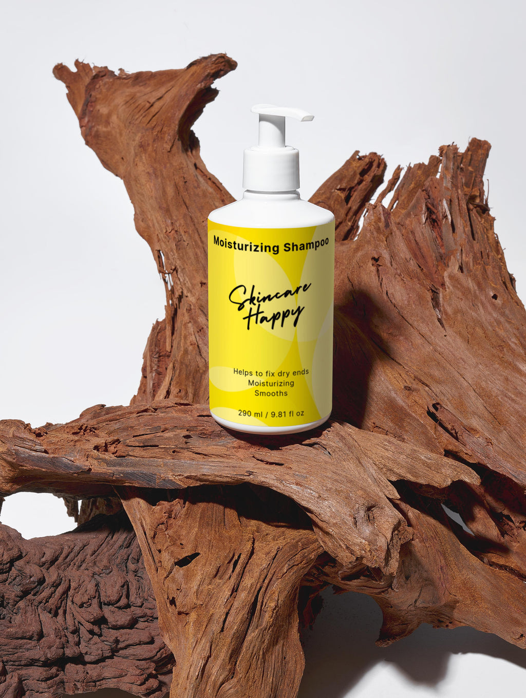 Shampoo bottle labeled 'Skincare Happy' on a wooden surface